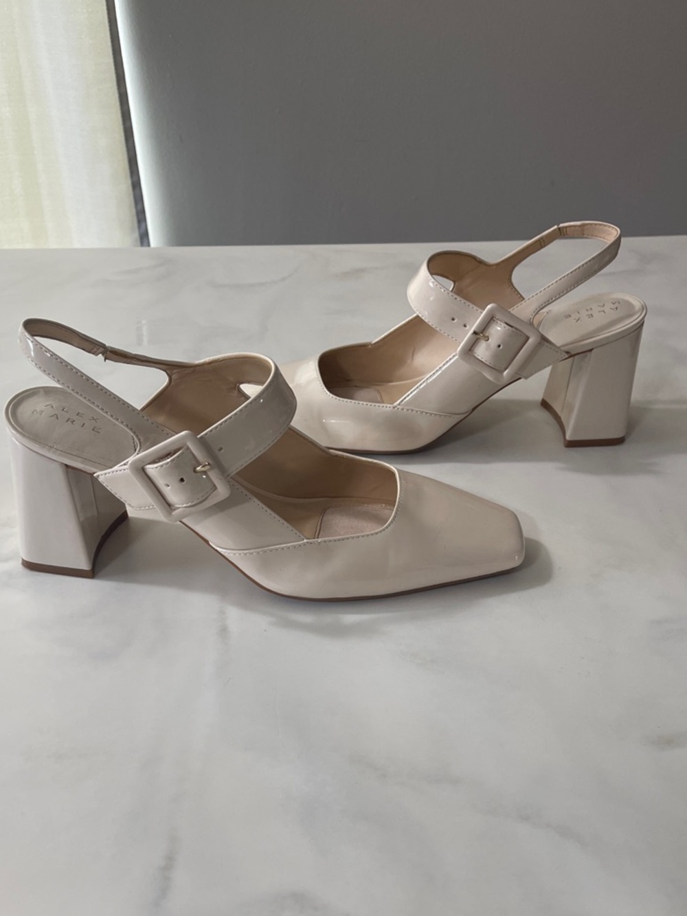 Alex Marie Ivory Patent Slingback Block Heels with Buckle